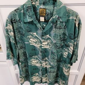 BRUNO B Silk Short Sleeve Men's Shirt Size L Large Fishing Print Green Washable